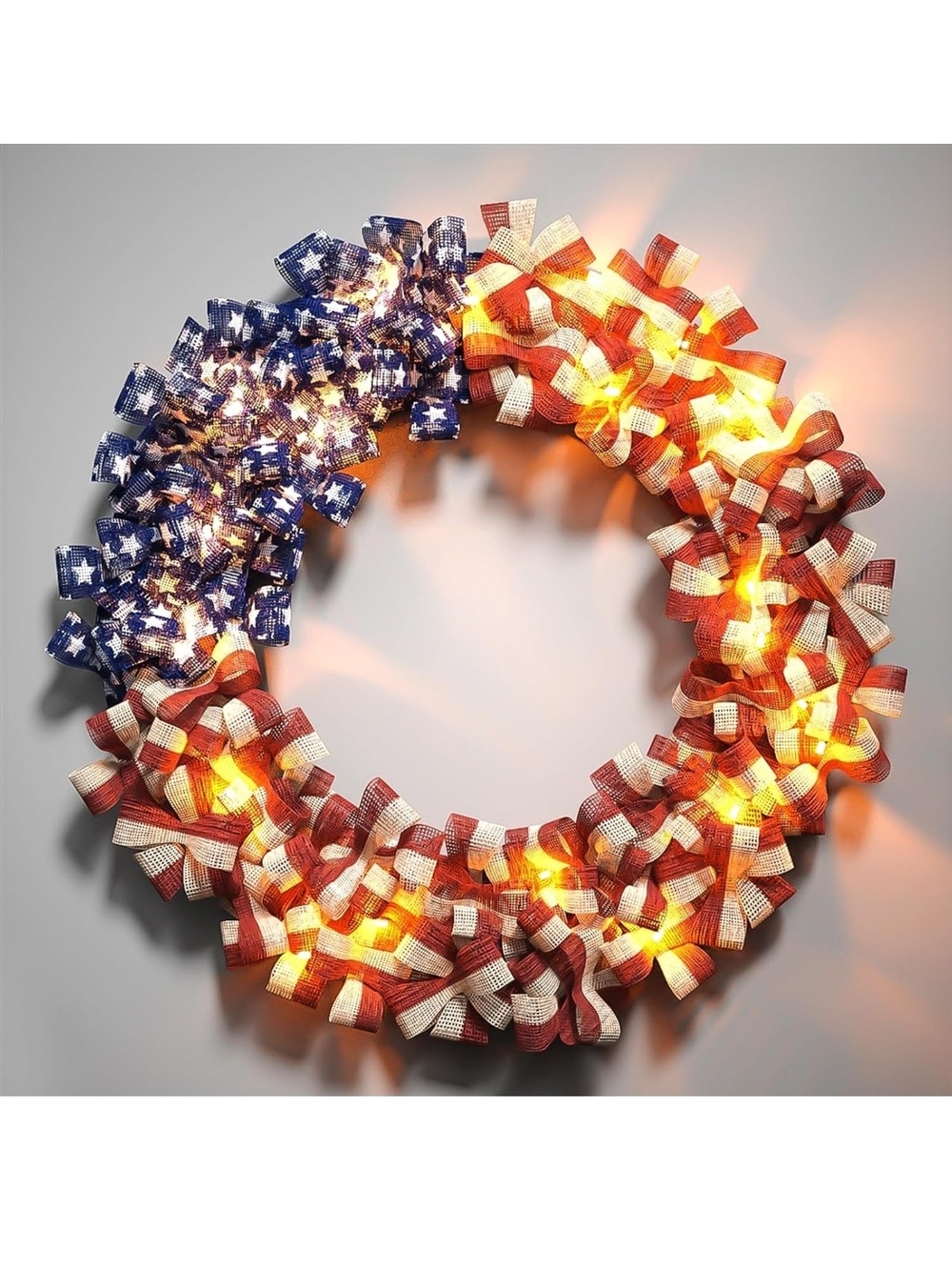 Patriotic LED Flag Ribbon Wreath - Home Holiday Decor